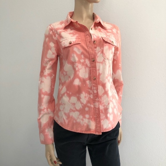 Life in progress button front acid wash long sleeve shirt orange size:S - Picture 5 of 16